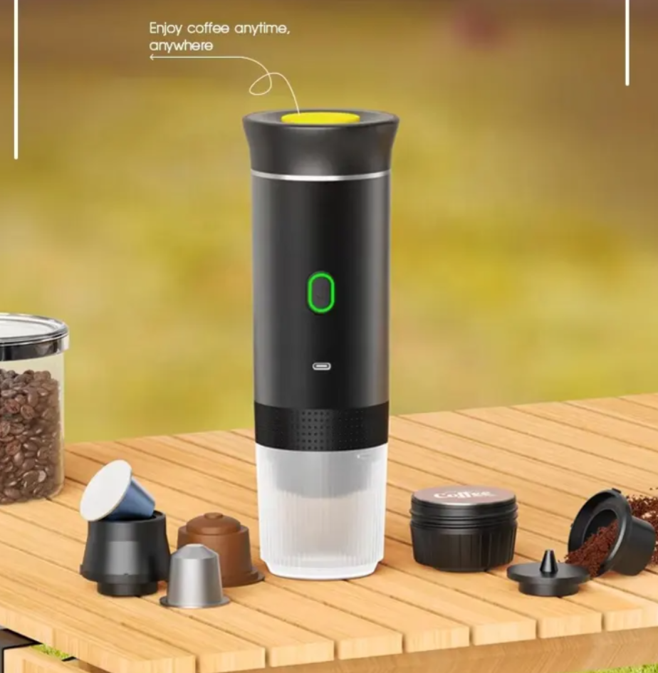 Espressor Portatile, Macchina da caffè portatile, Caffè macinato, Capsule Nespresso, Capsule Dolce Gusto, Modalità riscaldamento acqua o caffè freddo, Ricarica USB Type C