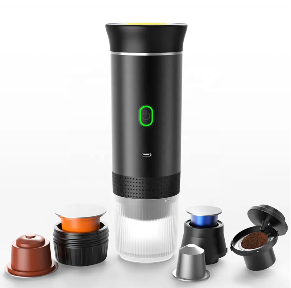 Espressor Portatile, Macchina da caffè portatile, Caffè macinato, Capsule Nespresso, Capsule Dolce Gusto, Modalità riscaldamento acqua o caffè freddo, Ricarica USB Type C
